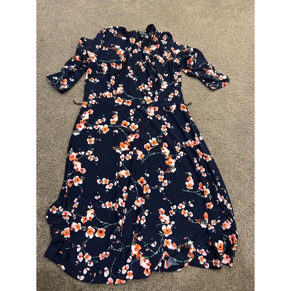 Lauren Ralph Lauren Women's Navy Floral Jersey Belted Fit & Flare Dress Size 12 - Picture 2 of 4